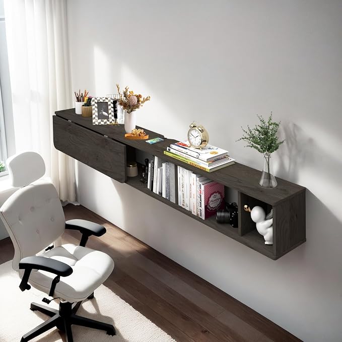 Pmnianhua 63'' Floating Desk with Storage Shelves,Wall Mounted Desk Laptop Computer Writing Study Table for Bedroom Small Space(Dark Grey)