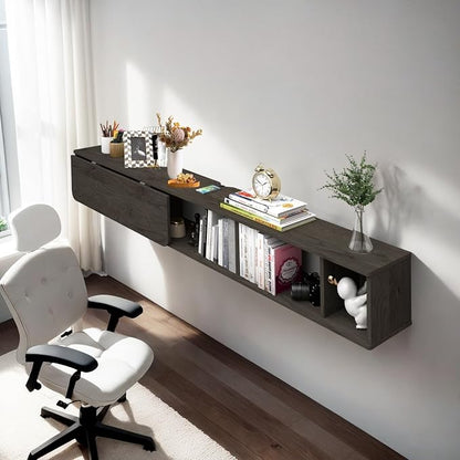 Pmnianhua 63'' Floating Desk with Storage Shelves,Wall Mounted Desk Laptop Computer Writing Study Table for Bedroom Small Space(Dark Grey)