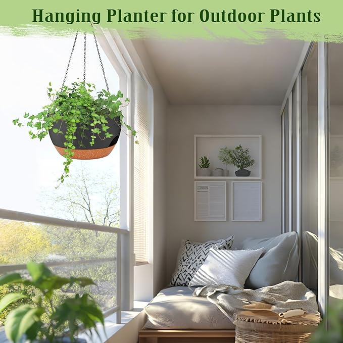 Hanging Planters for Outdoor Indoor Plants, 2 Pack 12 Inch Hanging Basket Plants Outdoor, Self Watering Hanging Planter with Plant Hanger for Garden Home Decoration (Black)