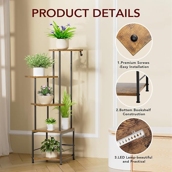 Plant Stand Indoor with Grow Light, 5-Tiered Tall Plant Stand Indoor, Metal Plant Shelf with Hanging Basket Hook and Adjustable Light, Ideal for Living Room, Garden, Patio (Black Brown)