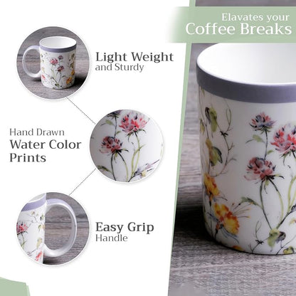 Maison d' Hermine Coffee Mug with Handles Tea Cups (12 Ounce, Pack of 1) | Fine Bone China Coffee Mugs for Hot Beverages Cappuccino Latte Home Restaurant Spring Summer -Summer Floral - Pink Clover