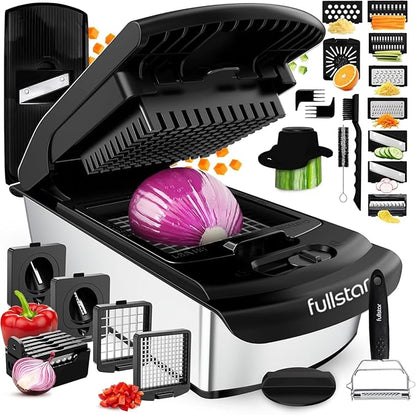 Fullstar Pro Original Vegetable Chopper & Mandoline Slicer Kitchen Gadget | 14 in 1 Veggie Slicer, Onion & Fruit Cutter with Sharp Stainless Steel Blades & Container (Stainless Steel)