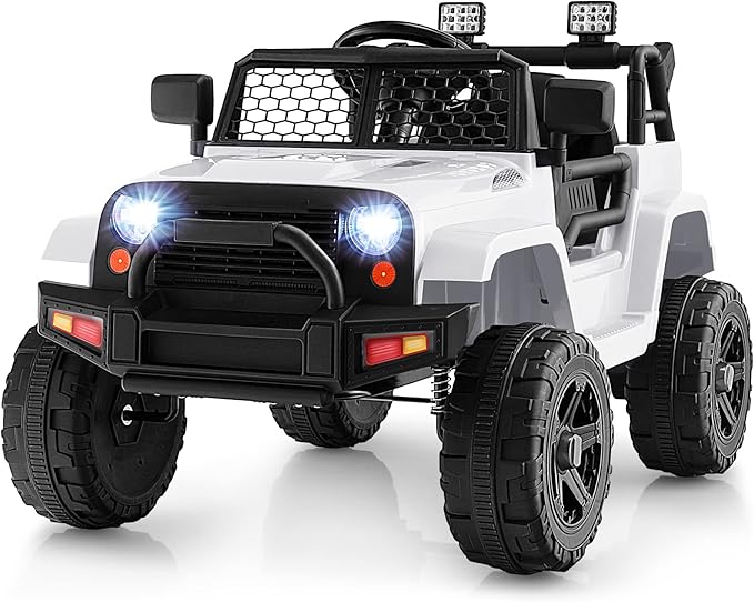 Costzon Ride on Car, 12V Battery Powered Truck Vehicle with Remote Control, Spring Suspension, Headlights, Music, Horn, MP3, USB & Aux Port, Gift for Boys Girls, Electric Car for Kids (White)