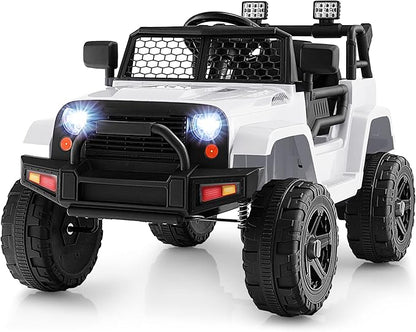 Costzon Ride on Car, 12V Battery Powered Truck Vehicle with Remote Control, Spring Suspension, Headlights, Music, Horn, MP3, USB & Aux Port, Gift for Boys Girls, Electric Car for Kids (White)
