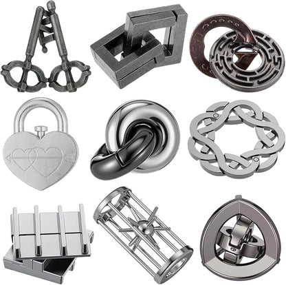Wettarn 9 Pcs Metal Brain Teaser Puzzles 3D Steel Puzzle Set for Adults IQ Logic Challenge Disentanglement Unlock Interlocking Games Smart Logic Test Toys for Adults Mind Challenge(Engaging Style)