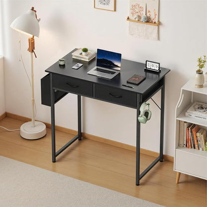 OLIXIS 32 Inch Small Desk, Gaming Computer Desk, Side Bag | Fabric Drawers, Headphone Hook, Home Office, Work Table, Writing Study, Bedroom, Black