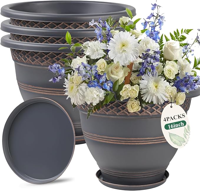 4 Pack 16 Inch Large Plant Pots, Plastic Flower Pot for Indoor & Outdoor with Drainage Holes & Saucer, Plaid Pattern Planters Garden Pots for Herbs
