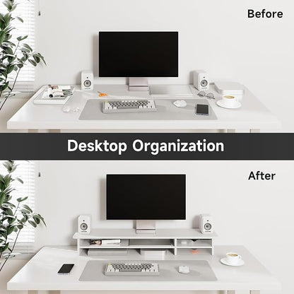 Fenge Monitor Stand, Dual Monitor Riser, 42.5inch Large Desk Computer Monitor Stand Riser with Drawer, 2 Tier Wood & Acrylic Desktop Organizer for Computer, Laptop, Printer, TV Screen Riser