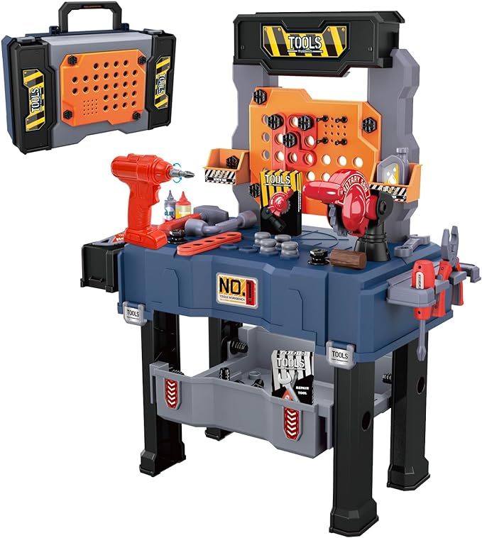 MUGEYMYD Kids Tool Bench Set with Electric Drill and Realistic Tool, Pretend Play Construction Workbench Toys for Toddlers, Build a Kids Tool Workshop Set for Boys and Girls, Ages 3-8.