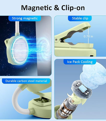 Magnetic Phone Fan with Ice Cooling, 3-in-1 Clip on Fan & Phone Stand, Rechargeable Mini Handheld Fan, 360° Flexible Gooseneck Portable Fan for Cruise Travel Desk Gym Makeup（Green）