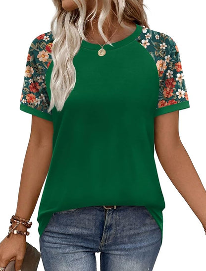 WIHOLL Womens Summer Tops Color Block Short Sleeve Raglan Shirts Spring Fashion Clothes Vacation Outfits