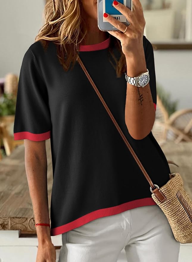 Dokotoo Womens Tops 2026 Casual Summer Crewneck Short Sleeve Striped Color Block Knit High Low Trendy Pullover Sweaters
