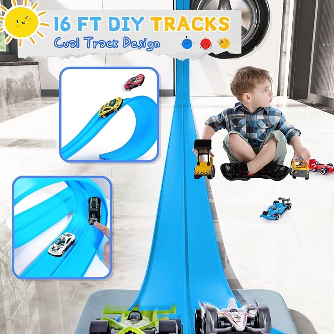 16Ft Flexible Race Track for Kids, Flex Track with 6 Hot Wheels Race Car Track Double-Side Track Toys Compatible with 16 Suction Cups, Storage Bag Rolls Up Race Tracks Birthday Gifts for Boys Girls