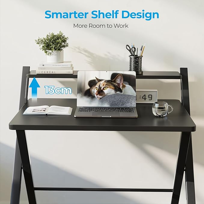 GreenForest Folding Desk No Assembly, Sturdy Computer Desk for Small Spaces | Portable Foldable Table for Laptop, 2-Tier Compact with Shelf, Space Saving for Home Office, Dorm, Apartment, 27"x 22" Black