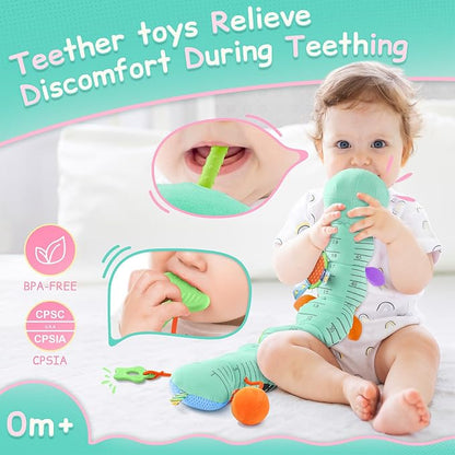 Baby Sensory Musical Caterpillar Plush Toy, Soft Stuffed Animal with Mirror Crinkle Paper Rattle Teether, Tummy Time Play Toy for 0-12 Months Newborn Infant, Baby Shower Gift for Boys Girls, Blue