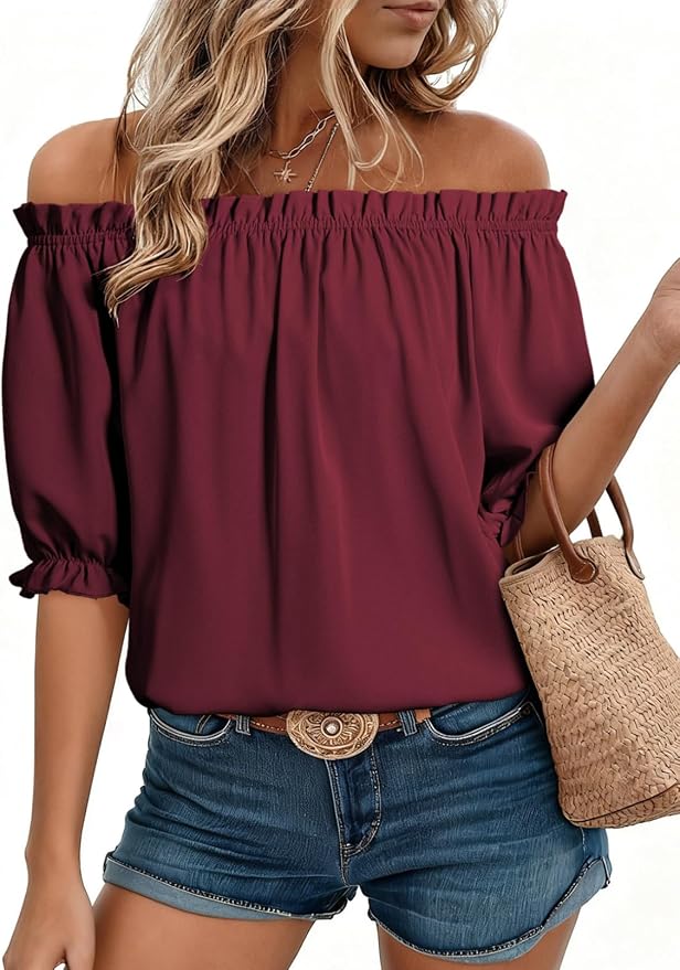 EVALESS Womens Tops Off The Shoulder Blouses for Women Dressy Casual Cute Puff Sleeve T Shirts Fashion 2026