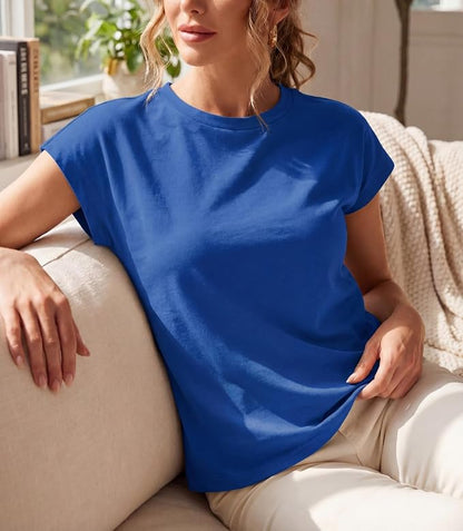 GRECERELLE Womens Summer Tops Cap Sleeve Crew Neck Basic T-Shirt | Everyday Casual Wear, Layering Friendly, Wrinkle-Resistant, Business Casual Ready, Lightweight & Packable, Capsule Wardrobe
