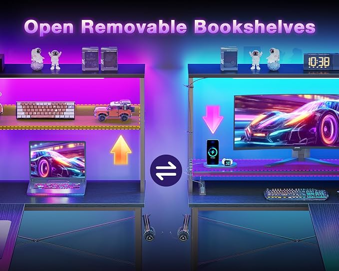ODK 53" L Shaped Gaming Desk with Shelves, LED & Outlets, Black | Hook for headset, bag for gear. Shelves for books & supplies. LED for gaming nights. Reversible. Home office computer desk.