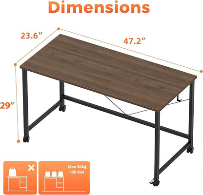 Mericonia 47x24 Inch Computer Desk with Wheels, Small Simple Rolling Desk | Writing Table for Home Office Bedroom Work Study, Walnut