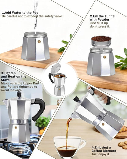 Coffee Maker Stovetop Espresso Maker 3 Cup Aluminum Moka Pot Percolator 5oz 150ml Easy Brewing for Electric Ceramic Stoves Home Camping Italian Cuban Café Classic Silver