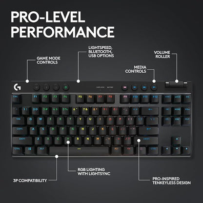 Logitech G PRO X TKL Lightspeed Wireless Gaming Keyboard (Linear) - Black | Lightspeed wireless, Ultra-Portable Tenkeyless Design, LIGHTSYNC RGB, PBT keycaps, Linear Switches