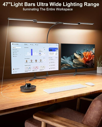 Desk Lamp Clamp Light 24W, Ultra Wide 4 Head Bars, 5 Color Modes Dimming, Multi-Screen Setup for Office, Architect, Black, Aluminum, Adapter Included