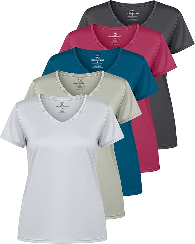5 Pack Women's Dry Fit V Neck Workout Tops T Shirts Athletic Gym Yoga Tees | Available In Plus Size, Cooling Moisture-Wicking, Short Sleeve, Quick-Dry, Fitness, Stretch, Exercise, Running, Hiking