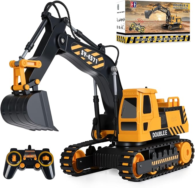 DOUBLE E Remote Control Excavator Toy, RC Excavators Sandbox Digger Hydraulic Construction Toys - Realistic Construction Vehicle with 6 Functions, Xmas Gift for Kids 3-14 Years