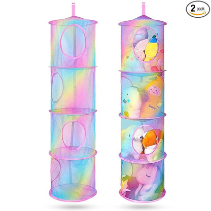 Basumee Stuffed Animals Net or Hammock 2 Pcs Stuffed Animals Storage Toy Net Hammock for Plushies Storage Organizer Mesh Kids Girls Room Decor, Rainbow, 4 Tiers