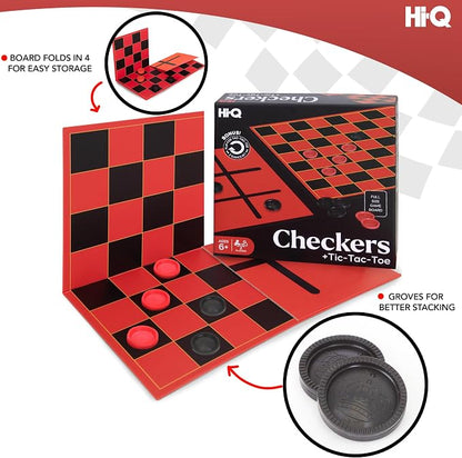 HI-Q Checkers & Tic-Tac-Toe Board Game Set – Classic Strategy for Kids & Family – Features Interlocking Stacking Pieces & Folding Board – Ages 6+