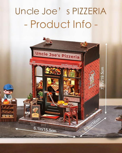 Cutefun Book Nook Kit - DIY Miniature Pizza Shop Booknook Kits for Adults and Teens, 3D Wooden Puzzle Bookend Bookshelf with LED Light, Creative Crafts Gifts for Beginners (Uncle Joe's Pizzeria)