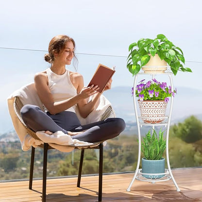 LASZOLA White 3 Tier Tall Plant Stand for Indoor Outdoor, Large Multiple Level Flower Planter Holder Organizer Rack for Patio Office Bathroom Corner Floor, Sturdy Heavy Duty Metal, Vertical Display