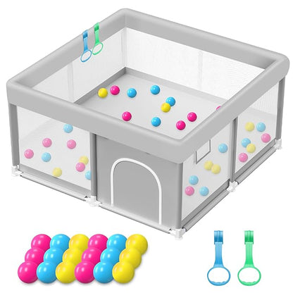 Baby Playpen with Balls and Pull Rings, 50x50 Inch Playpen for Babies and Toddlers Baby Playpen Fence Playard Activity Center, Without MAT Included