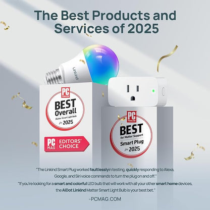Linkind Matter Smart Light Bulb, Smart Bulbs Work with Apple Home, Siri, Alexa, Google, SmartThings, AiDot, LED RGBTW Color Changing Bulbs Music Sync, Dotis Ai, A19 E26 60W 800LM 2.4G WiFi, 4 Pack