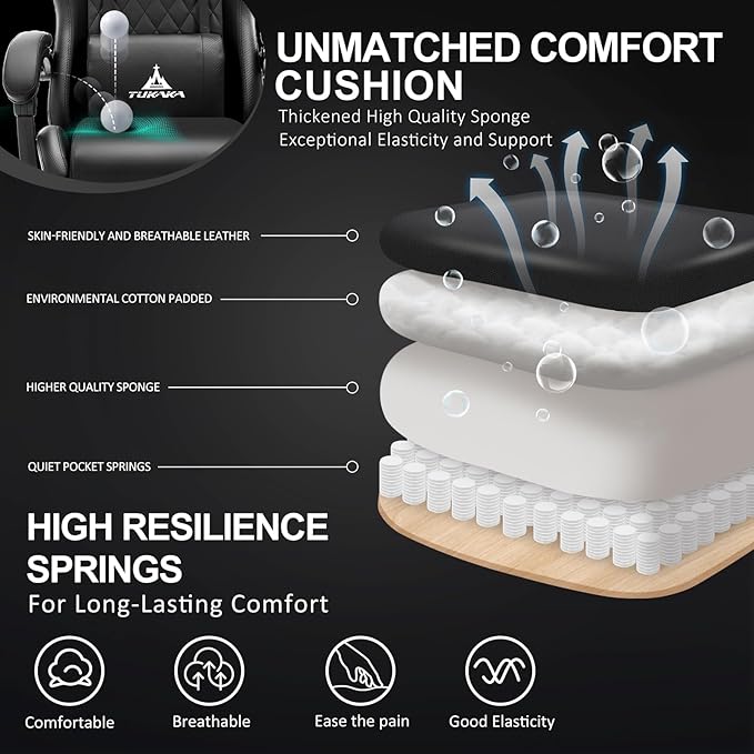 Gaming Chair,Ergonomic Massage Office Desk Chair with Footrest,Black | Pocket Spring Cushion,Reclining,Thick High Back,Headrest and Lumbar Support,Adjustable Leather Computer Chair Gamer Chair