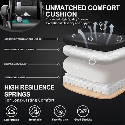 Gaming Chair,Ergonomic Massage Office Desk Chair with Footrest,Black | Pocket Spring Cushion,Reclining,Thick High Back,Headrest and Lumbar Support,Adjustable Leather Computer Chair Gamer Chair