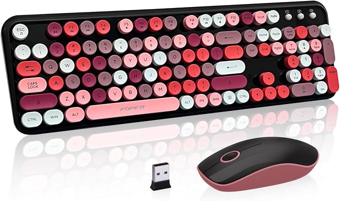 FOPETT Wireless Keyboard and Mouse Combo, 105 Keys Full-Sized 2.4 GHz Round Keycap Colorful Keyboards, USB Receiver Plug and Play, for Windows, Mac, PC, Laptop, Desktop (Blackcolorful)