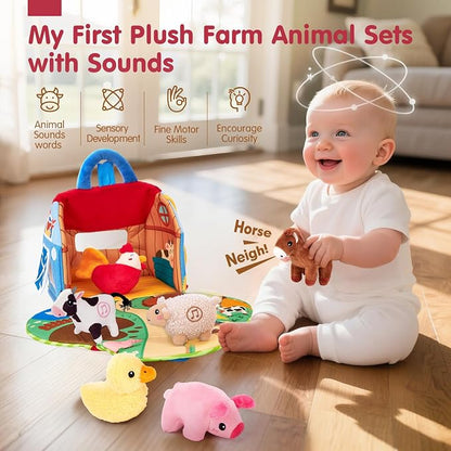 hahaland Baby Toys 6-12 Months - Surprise Barn with Stuffed Farm Animals with Real Sounds - Montessori Toys for 6 Month Old Baby Gifts Toddlers Sensory Toy 1 Year Old Boy Girl Gifts Infant Toys