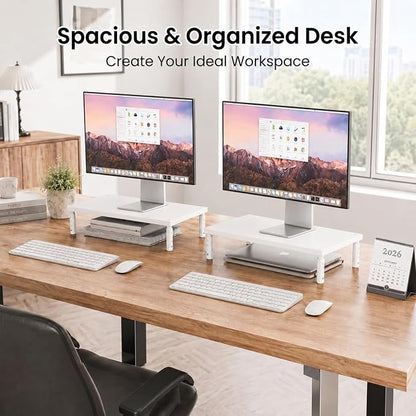 OPNICE Monitor Stand Riser for Desk, Adjustable Computer & Laptop Stand, Desk Organizer for Monitor, Laptop, PC, Printer, Office Desk Accessories for Home & Office, White Wood