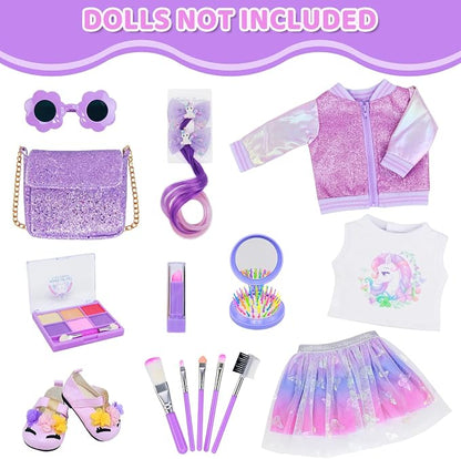 American 18 Inch Doll Clothes & Makeup Accessories Gift Set Includes Dress, Makeup Brush, Shoes, Bag, Haircomb, Eyeshadow, Lipstick, Wig, Hairpin, Sunglasses (Doll Not Included)