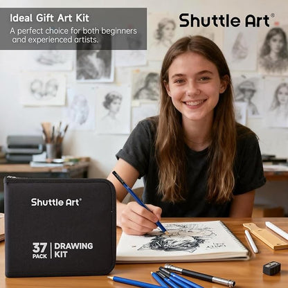 Shuttle Art Sketching and Drawing Pencils Set, 37-Piece Professional Sketch Pencils Set in Zipper Carry Case, Drawing Kit Art Supplies with Graphite Charcoal Sticks Tool Sketch book for Adults Kids