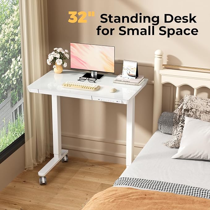 32" Glass Standing Desk with Drawer, Small Electric Desk | Height Adjustable Quick Install One-Piece Tabletop with USB Charging Ports, Sit Stand Computer Desk for Compact Space, White