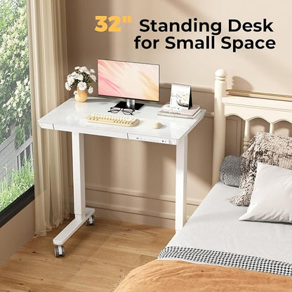 32" Glass Standing Desk with Drawer, Small Electric Desk | Height Adjustable Quick Install One-Piece Tabletop with USB Charging Ports, Sit Stand Computer Desk for Compact Space, White