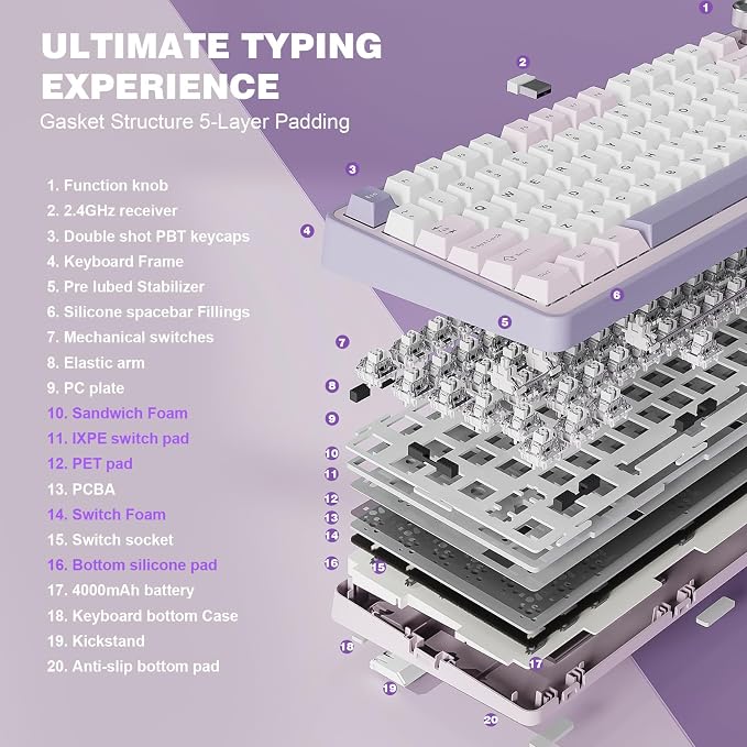 YUNZII B75 PRO 75% Wireless Mechanical Keyboard (Purple, Milk Switch) | Hot Swap Keyboard with Knob, Gasket Mount, Creamy Pre-lubed Switch for Smooth Typing, BT/USB-C/2.4G, for Gaming