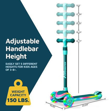 3-Wheel Kids Scooter with Multi-Color Lights on Deck & Wheels – 5-Height Adjustable Handlebar, Wide Anti-Slip Deck, Child Safety Certified, Boys & Girls Ages 3+ Supports Up to 150 lbs