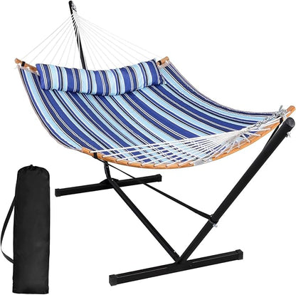 SUNCREAT Double Hammock with Stand Included, Portable Hammock with Stand and Large Pillow, Blue Stripes