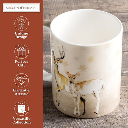 Maison d' Hermine Coffee Mug with Handles Tea Cups (15 Ounce, Pack of 1) | Fine Bone China Coffee Mugs for Hot Beverages Cappuccino Latte Home Restaurant Spring Summer -Deer In The Woods - Oh Deer