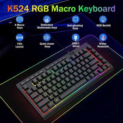 Redragon K524 75% Wired Gaming Keyboard, RGB Backlit, Whisper-Quiet, Black | Membrane Keyboard with Programmable Macro and Multimedia Keys, Anti-ghosting, Spill Resistant,Compact for Win/MAC/PS/Xbox