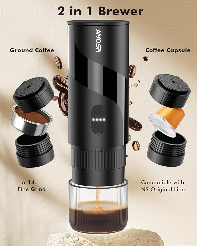All in 1 Portable Electric Espresso Machine & Coffee Grinder & Milk Frother | Mini Compact Travel Coffee Maker Set for Ground Coffee & NS Capsules，Ideal for Camping, Car, RV, Hiking, Office, Home, Gift