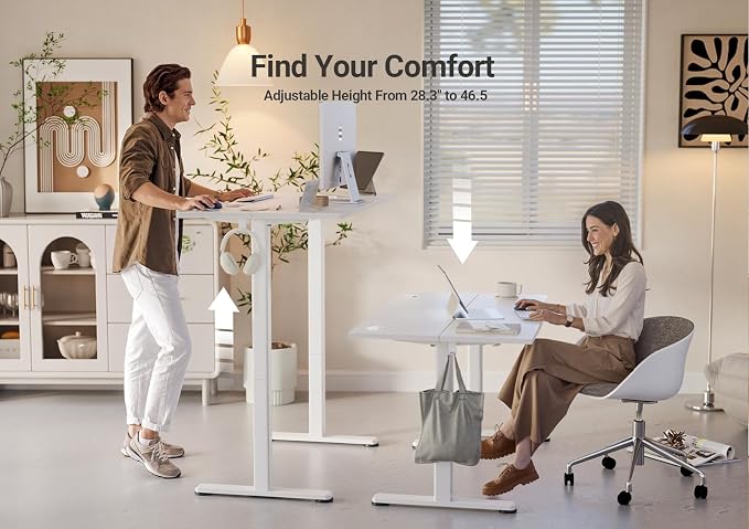 YDN 55 x 24 Inch White Electric Standing Desk | Adjustable Height, Sit Stand, Cable Management, Ergonomic, Home Office